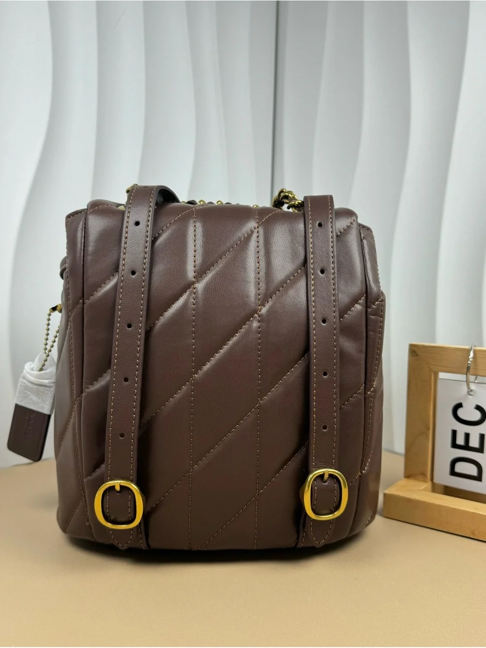 Quilted Brown Women's Backpack Handbag with Gold Hardware